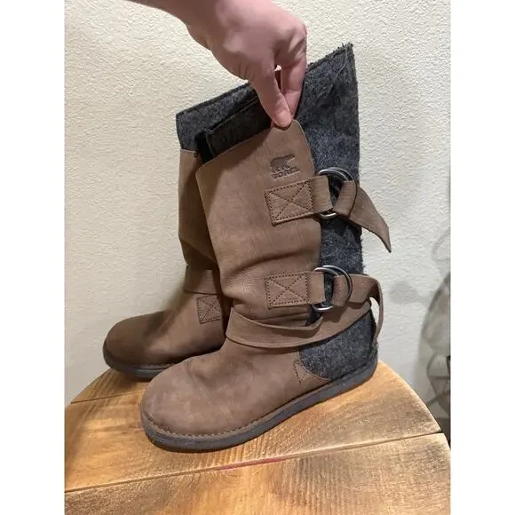 Sorel Chipahko Felt Wool Leather Buckle Tall Boots Brown & Grey Women's 10 - Picture 3 of 7